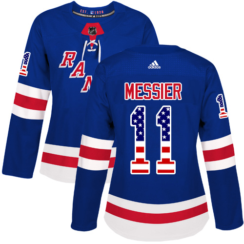 Adidas Rangers #11 Mark Messier Royal Blue Home Authentic USA Flag Women's Stitched NHL Jersey - Click Image to Close